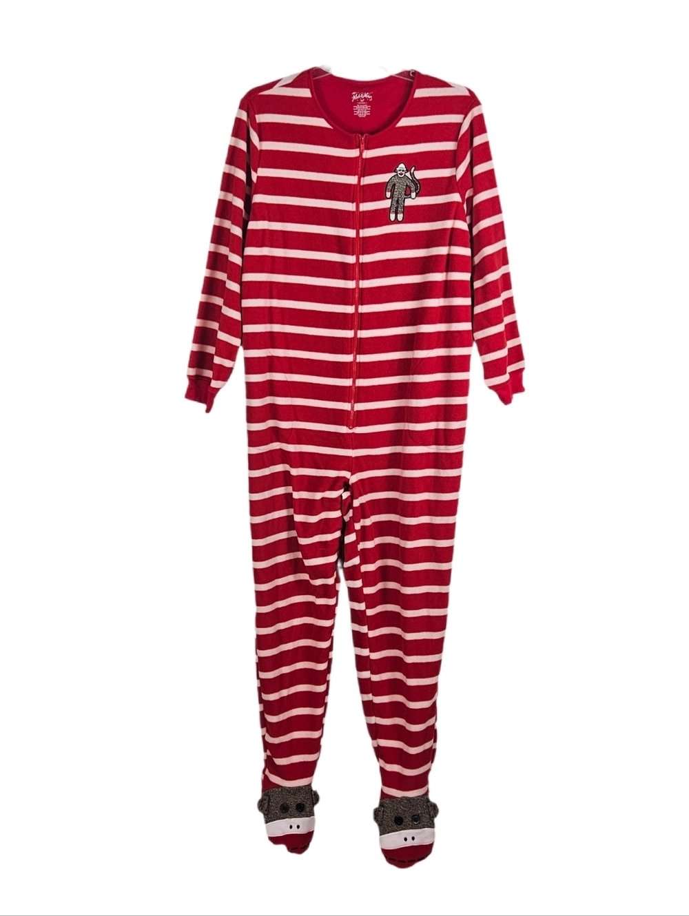 Nick & Nora Striped Sock Monkey Footed One Piece Pajamas Womens XXL Red